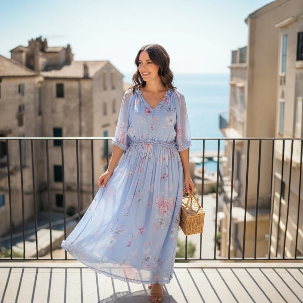 Ivy City Co. Blue Floral Chiffon Maxi Dress Size Small